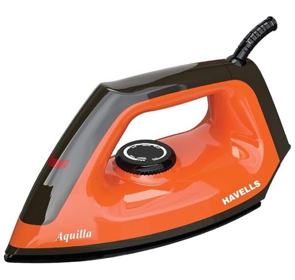 Havells Dry Iron Aquilla 1000 watts | Iron Press German Technology | Plastic Non Sick Coated Sole Plate | Shock Proof Body | 2 Yr Manufacturer Warranty (Orange/Black)