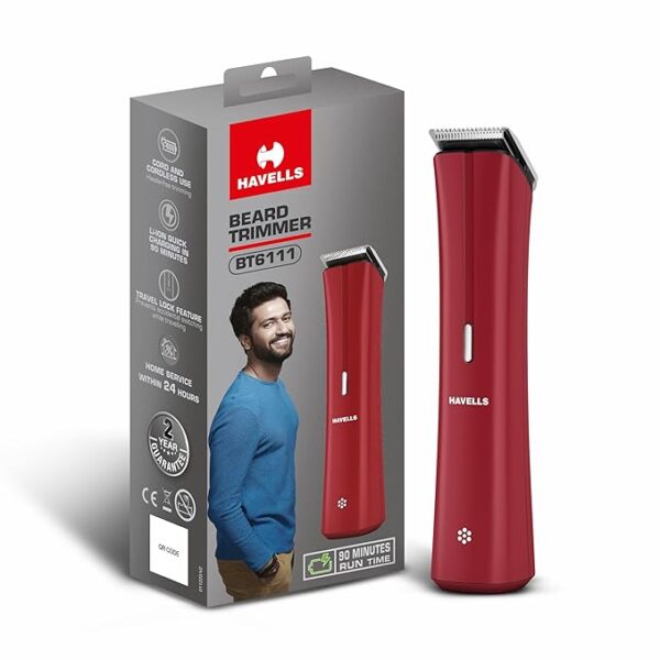 Havells Bt6111 Beard Trimmer, Skin Firendly Stainless Steel Blades 90 Mins Runtime Up To 13 Mm Length Settings 2 Years Guarantee (Red)-Battery Powered, Men