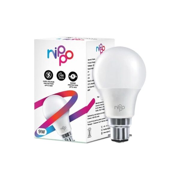 NIPPO 9W LED Bulb (2 Pack) Base 22, Cool Day Light, 1 Year Warranty, Voltage Surge Protection, High Energy Savings