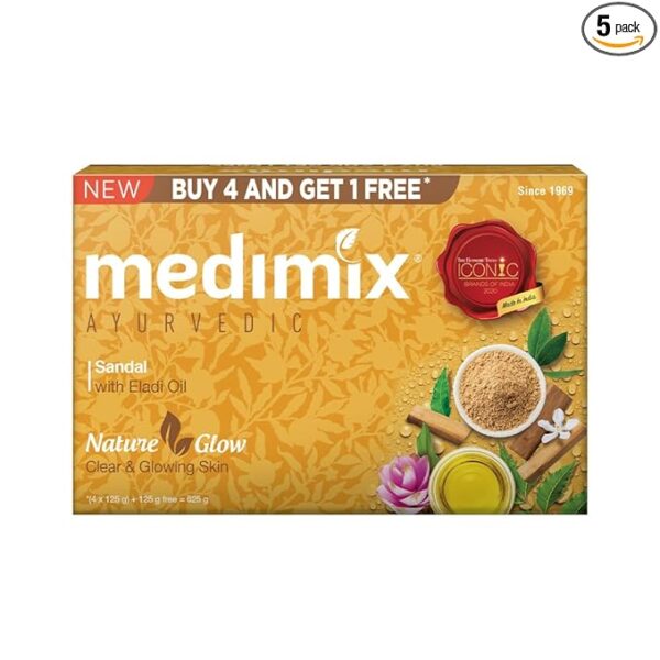 Medimix Ayurvedic Sandal Bathing Soap Bar With Eladi Oil 125Gm (Buy 4 and Get 1 Extra Combo Pack) | For Naturally Glowing Skin | Herbal | Natural | Paraben-free & Sulphate-free | 100% Vegan