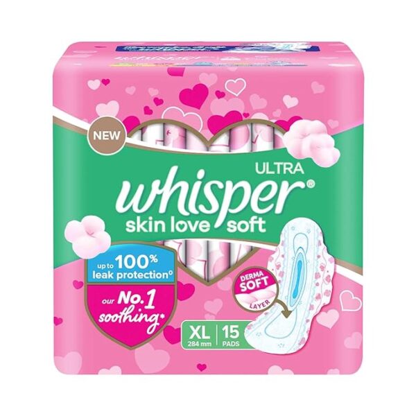 WHISPER ULTRA SKIN LOVE SOFT SANITARY PADS, 15 XL PADS, COTTONY SOFT,