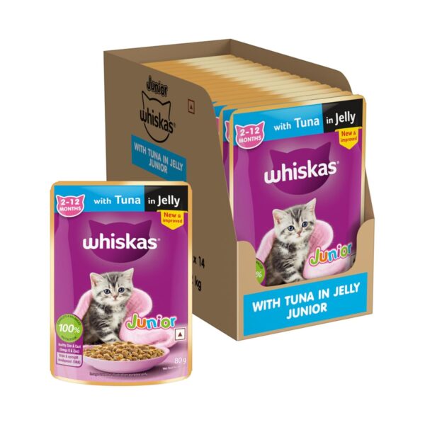 Whiskas Junior Kitten (2-12 Months) Wet Cat Food, Tuna in Jelly, 80 g x 5, Hydrating Food Made With Real Fish, 100% Complete & Balanced Nutrition for Kittens