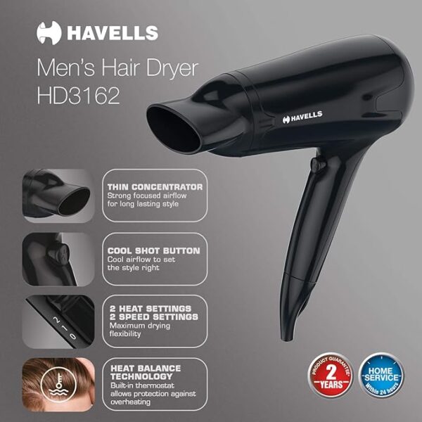 Havells HD3162 Men's 1565 Watts Powerful Hair Dryer with Thin Concentrator and Cool Shot Button; Heat Balance Technology (Black) - Image 2