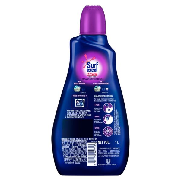Surf Excel Matic Front Load Liquid Detergent 1L|| Specially designed for Tough Stain Removal on Laundry in Washing Machines - Image 2