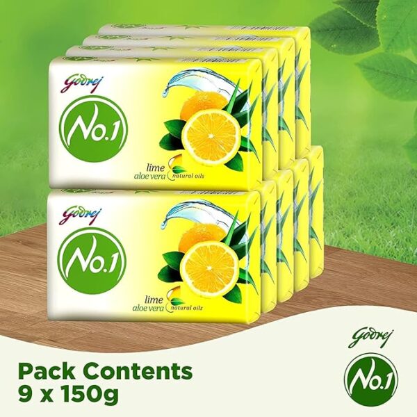 Godrej No.1 Bathing Soap Lime & Aloe Vera Grade 1 Soap & Long-lasting Fragrance, (150g each) - Pack of 5 - Image 2