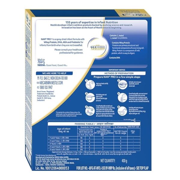 NAN PRO Stage 1 Infant Formula Milk Powder for babies (Up to 6 months) - with Probiotic, 400g Bag-In-Box Pack - Image 2