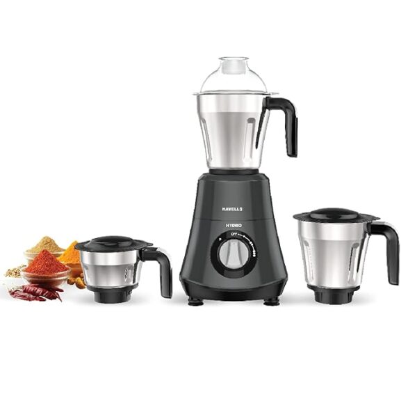 Havells Hydro 750 watt Mixer Grinder with 3 Wider mouth Stainless Steel Jar, Hands Free operation