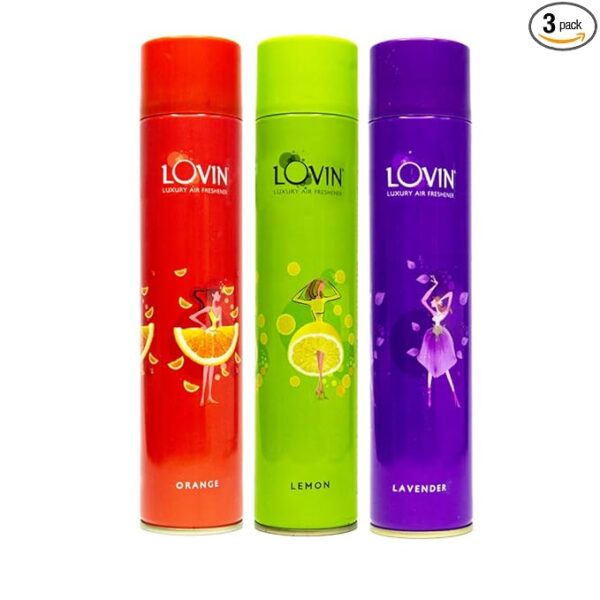 Lovin Luxury Air Freshener Spray to refresh your Home & Office | Long lasting, naturally Fresh | Keep Your Home & Office All Day Fresh with Natural Aroma | Orange + Lemon + Lavender - 125g 3PCK
