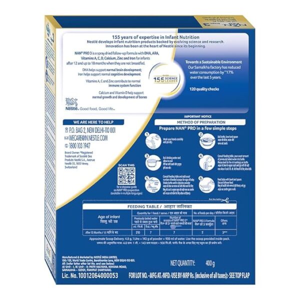 NAN Pro Stage 3 Follow-Up Formula Milk Powder For Babies (After 12 Months), - With Dha-Ara, 400G Bag-In-Box Pack, Infant - Image 3