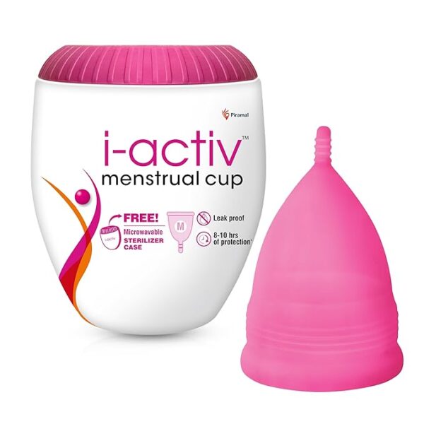 i-activ Menstrual Cup for Women with free sterilizer case | Rash-Free, Leak-Free & Ultra soft Cup with Pouch| 100% Medical Grade Silicone | 8-10 hrs protection (Medium) Pack of 1