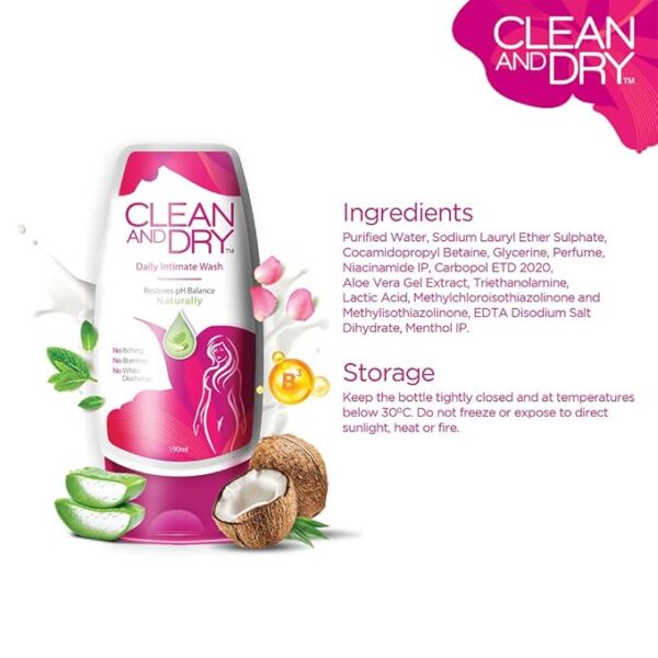 Clean and Dry| Daily Intimate Wash| Hygiene Wash For Women, Vaginal Wash | Prevents Infections | No Itching, Burning, White Discharge| 190ml - Image 3