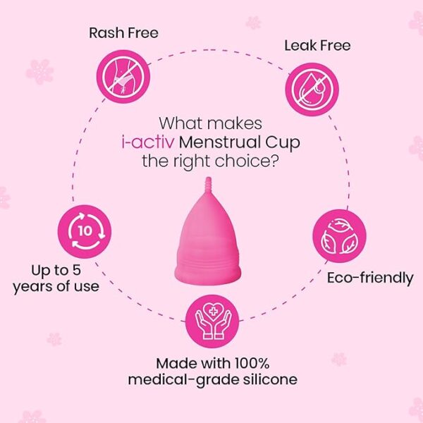 i-activ Menstrual Cup for Women with free sterilizer case | Rash-Free, Leak-Free & Ultra soft Cup with Pouch| 100% Medical Grade Silicone | 8-10 hrs protection (Medium) Pack of 1 - Image 2