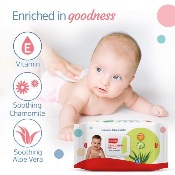 LuvLap Moisturising Wet Wipes with Lid For Baby Skin, Enriched with Aloe Vera, Vitamin E & Chamomile Extract, pH Balanced, Dermatologically Safe, Paraben & Sulphate Free, 72 Wipes, pack of 3 - Image 5