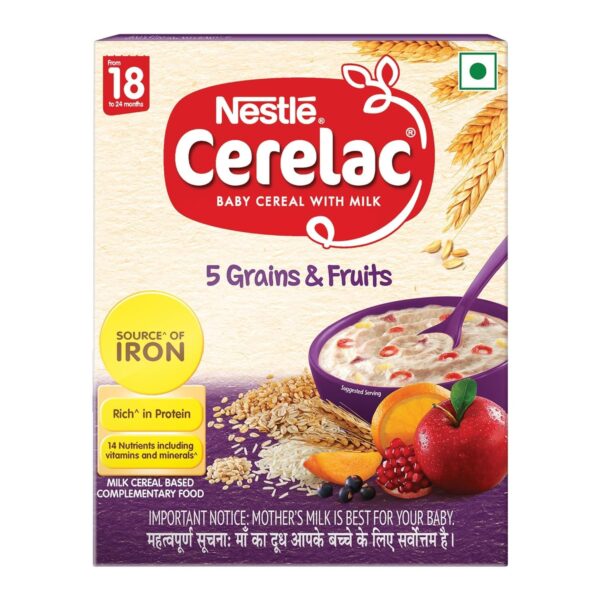 CERELAC Baby Cereal with Milk, 5 Grains & Fruits ,Stage 5, From 18 to 24 Months , Source of Iron & Protein ,Bag-In-Box Pack 300g