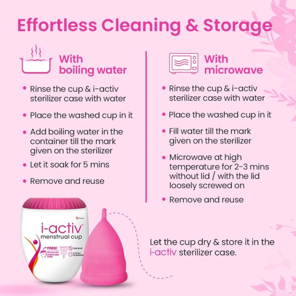 i-activ Menstrual Cup for Women with free sterilizer case | Rash-Free, Leak-Free & Ultra soft Cup with Pouch| 100% Medical Grade Silicone | 8-10 hrs protection (Medium) Pack of 1 - Image 4