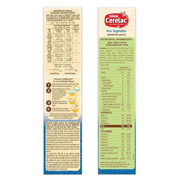 CERELAC Baby Cereal with Milk, Rice Vegetables , From 8 to 24 Months ,Stage 2, Source of Iron & Protein , Bag-In-Box Pack 300g - Image 2