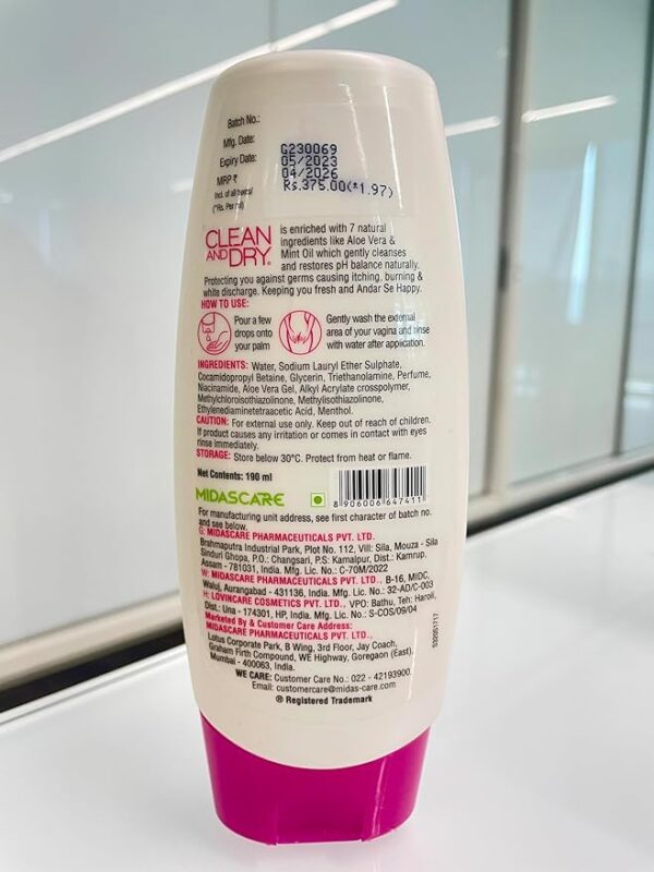 Clean and Dry| Daily Intimate Wash| Hygiene Wash For Women, Vaginal Wash | Prevents Infections | No Itching, Burning, White Discharge| 190ml - Image 2