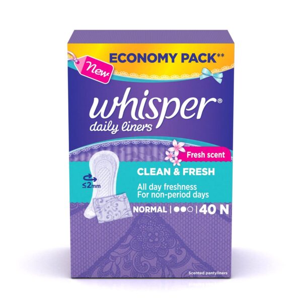 HISPER DAILY LINER , 40 NORMAL PADS, FOR NON PERIOD DAYS, CLEAN & FRESH, FRESH SCENT, LOCKS ODOUR, DISPOSABLE LINERS - Image 2