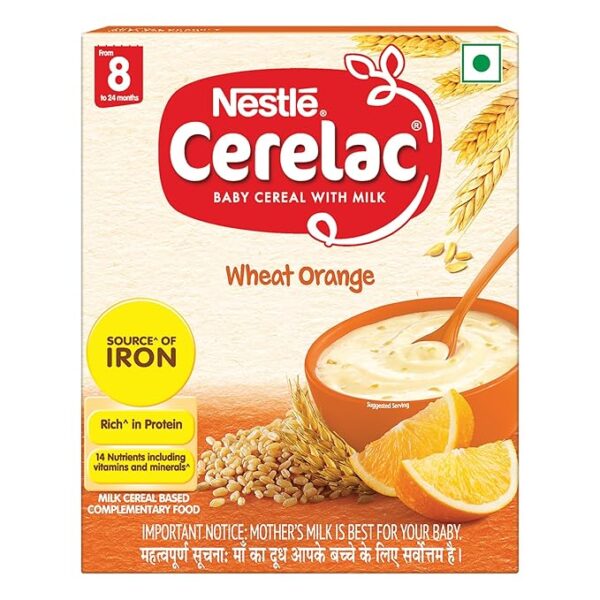 CERELAC Nestle Baby Cereal With Milk, Wheat Orange, From 8 To 24 Months, Stage 2, Source Of Iron & Protein, 300g Bag-In-Box Pack