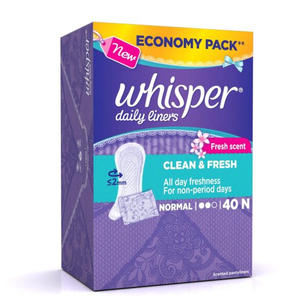 HISPER DAILY LINER , 40 NORMAL PADS, FOR NON PERIOD DAYS, CLEAN & FRESH, FRESH SCENT, LOCKS ODOUR, DISPOSABLE LINERS