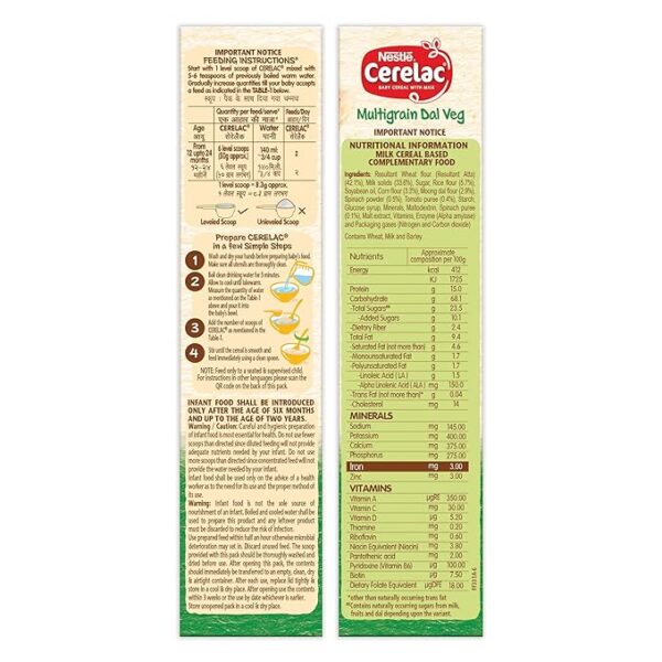 CERELAC Baby Cereal With Milk, Multigrain Dal Veg, From 12 To 24 Months, Stage 4, Source Of Iron & Protein ,Bag-In-Box Pack 300g - Image 2
