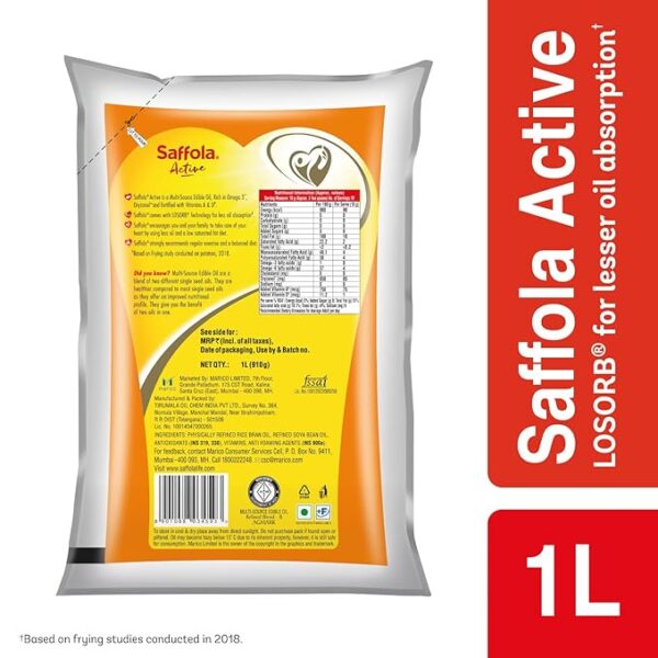 Saffola Active Refined Cooking oil | Rich in Omega 3 & Oryzanol | Multi-Source Edible Rice Bran & SoyaBean oil | 1 Litre pouch - Image 2