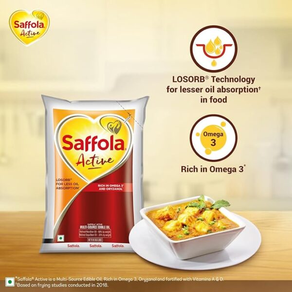 Saffola Active Refined Cooking oil | Rich in Omega 3 & Oryzanol | Multi-Source Edible Rice Bran & SoyaBean oil | 1 Litre pouch - Image 4