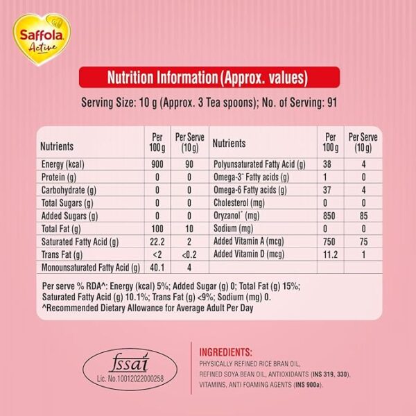 Saffola Active Refined Cooking oil | Rich in Omega 3 & Oryzanol | Multi-Source Edible Rice Bran & SoyaBean oil | 1 Litre pouch - Image 3