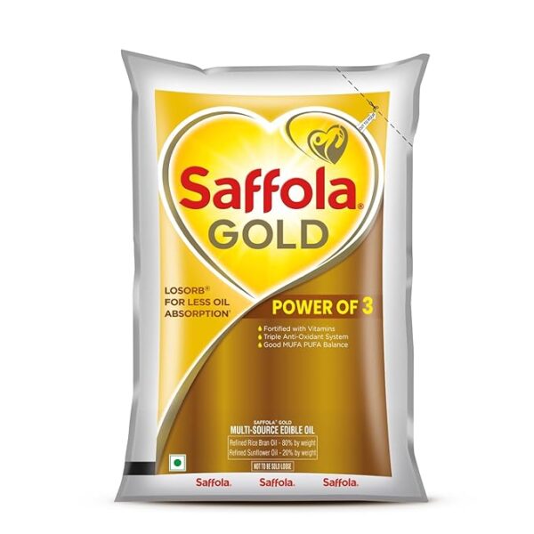 Saffola Gold Refined Cooking oil | Power of 3 - Balance of Good Fats, Triple Anti-Oxidant System & Fortified with Vitamins  1 Litre Pouch