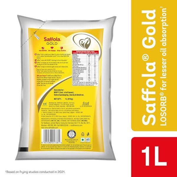 Saffola Gold Refined Cooking oil | Power of 3 - Balance of Good Fats, Triple Anti-Oxidant System & Fortified with Vitamins  1 Litre Pouch - Image 2