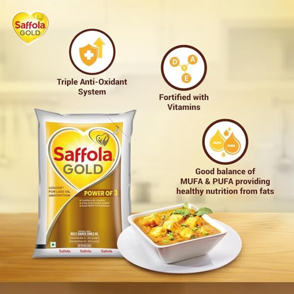 Saffola Gold Refined Cooking oil | Power of 3 - Balance of Good Fats, Triple Anti-Oxidant System & Fortified with Vitamins  1 Litre Pouch - Image 4