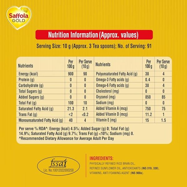 Saffola Gold Refined Cooking oil | Power of 3 - Balance of Good Fats, Triple Anti-Oxidant System & Fortified with Vitamins  1 Litre Pouch - Image 3